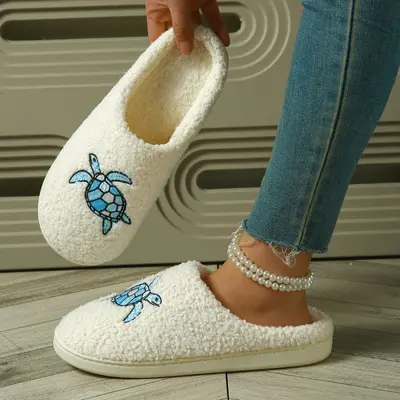 Embroidered Turtle Home Slippers, Unisex Memory Foam Warm Winter Slippers - 5