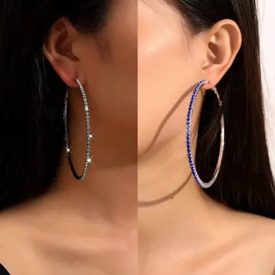European and American bright 8 cm large hoop earrings for women, fashionable and trendy cross-border earrings, diamond-studded music festival party earrings