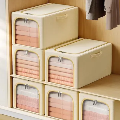Narrow Cotton-Linen Patchwork Storage Box, Large Capacity Household Clothing Organizer, Fabric Waterproof and Dustproof Wardrobe Storage Container