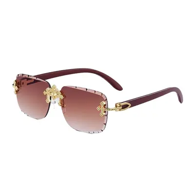 Retro Rimless Men's Sunglasses with Wood-Grain Temples - 6