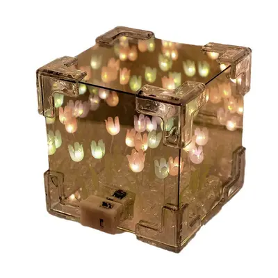 Handmade DIY Flower Cube Tulip Finished Product Night Light Creative Desktop Atmosphere Lamp Decoration Valentine's Day Gift