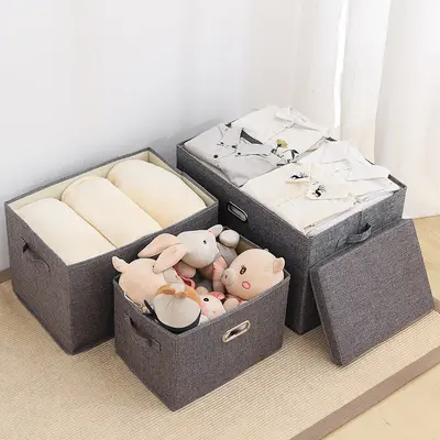 Foldable fabric clothing storage box with lid and drawers