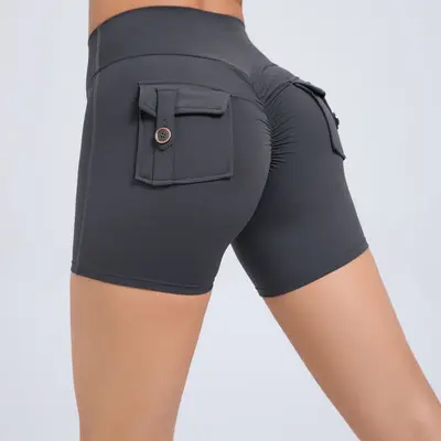 Kadın Yüksek Bel Kargo Tayt Şort, Düğmeli Kaldırıcı Hızlı Kuruyan Fitness Pantolonu