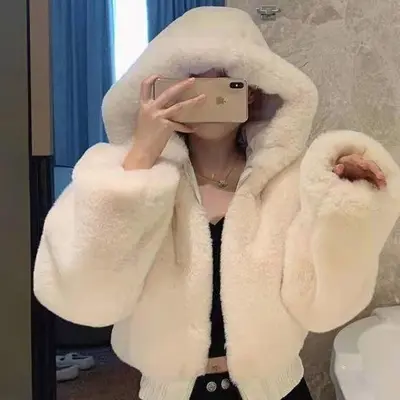 Women's Short Faux Rabbit Fur Hooded Winter Jacket