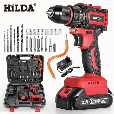 Hilda Bürstenlos 21V Lithium-Ionen Bohrmaschine mit hohem Drehmoment, grenzüberschreitende Neuversion Lithium-Ionen Elektrobohrer Elektroschraubendreher Starter Set