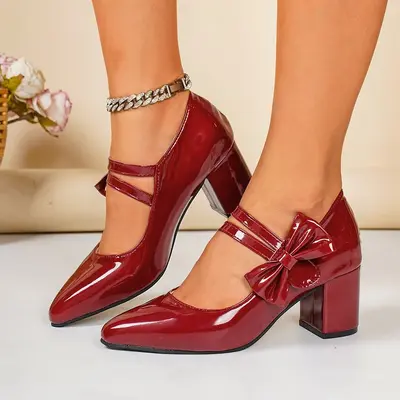 Women's Chunky Heel Pointed Toe Pumps in Plus Sizes, Bow Detail, Lightweight - 7