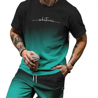 Men's Summer 3D Printed T-Shirt and Shorts Set, Gradient Letter Pattern