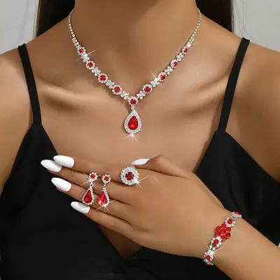 Moda Avrupa Amerika Yeni Koleksiyon Lüks Kristal Mücevher Kadın Su Damlası Kolye Küpe Bileklik Yüzük Seti - 5