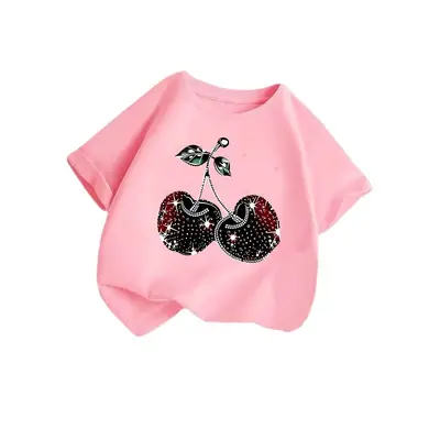Girls' Short Sleeve T-Shirt with Cherry Print, Summer