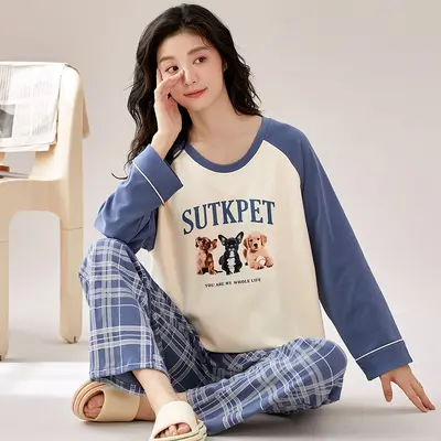Kadın %100 pamuklu pijama takımı, sonbahar-kış - 8