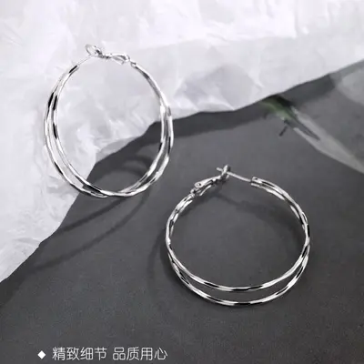S999 sterling silver double layer ring earrings - 4