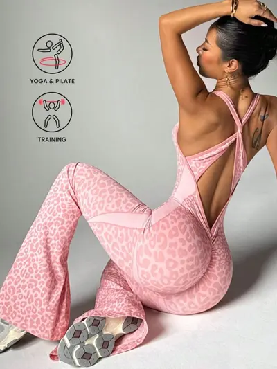 Leopard Print Cross Back Flared One-Piece Yoga Jumpsuit for Women - 10