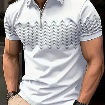 Men's 3D Gradient Print Zip Polo Shirt, Short Sleeve, Plus Size - 4