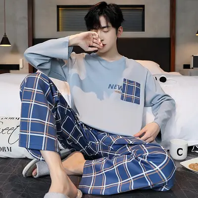 Men's Long Sleeve Pajama Set, Cartoon Print, Loose Fit