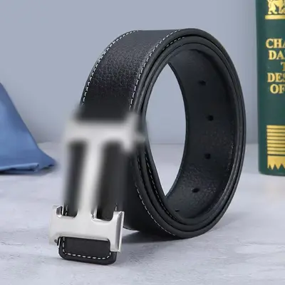 Premium Litchi Grain Men's Leather Belt Fashion Letter H Smooth Buckle Youth Trendy Waistband Factory Stock Direct - 8