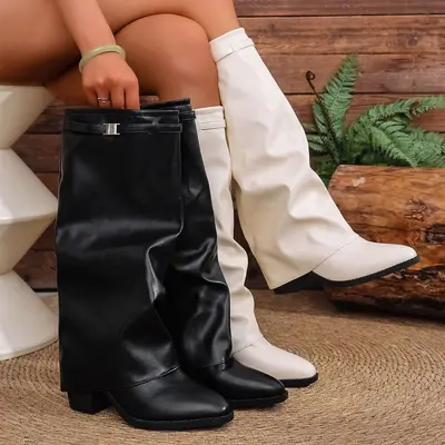 Damen-Modestiefel mit plissiertem Schaft, Blockabsatz, Große Größen - 2