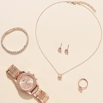 5-piece steel band women's watch set with orange box