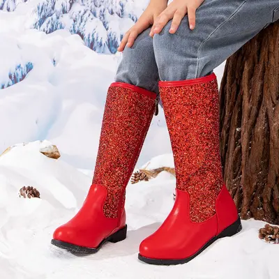 Neue Mädchen-Prinzessinnenstiefel mit Pailletten 2026, lange Stiefel für kleine Mädchen mit Fleecefütterung und warmem Futter, weiche Sohle, bequeme Overknee-Reitstiefel