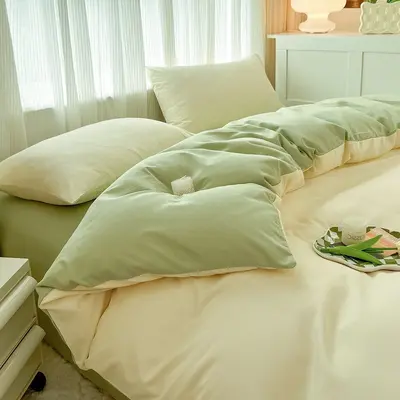 Manufacturer wholesale solid color washed cotton four-piece set plain brushed bedding set ins style sheet duvet cover three-piece set 3 - 9