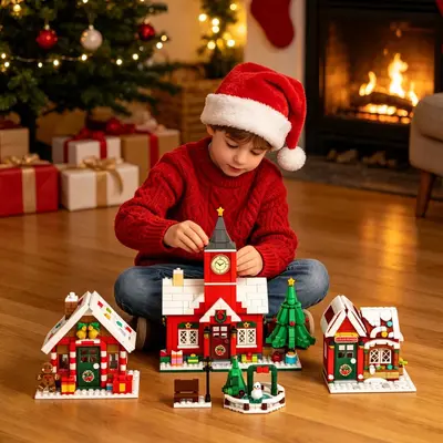 Christmas Village Building Block Set with Clock Tower, Small Pieces - 3
