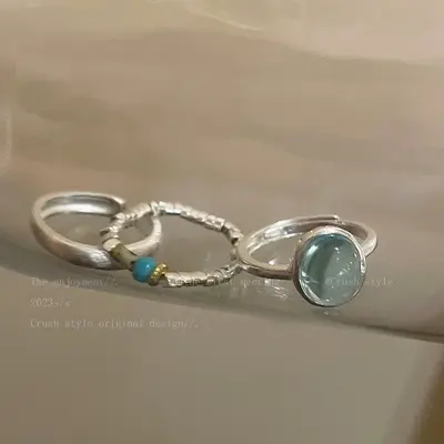 Natural stone and silver open ring, minimalist style