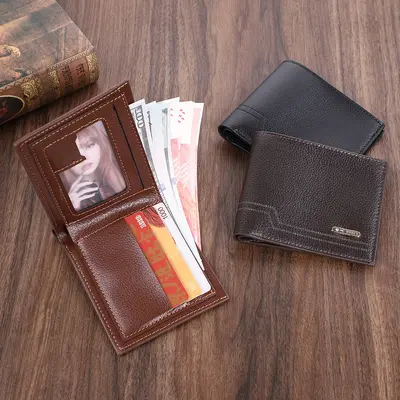 Men's Short Wallet, Multi-Card Slots, Slim Soft Leather, Horizontal Design - 3