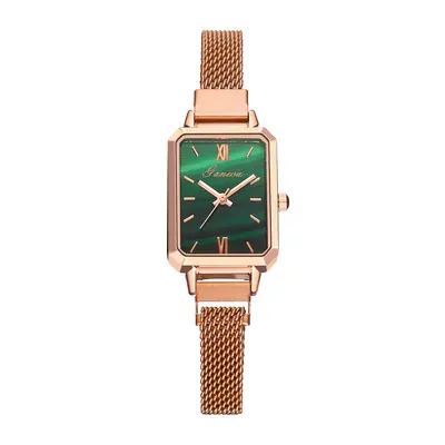 Toptan trend retro kare tavus yeşili Milan örgü kayışlı, üst düzey hissi veren kadınlar için dekoratif yeşil saat.