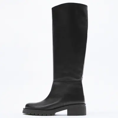 Women's Full Cowhide Knee-High Boots, Mid Heel, Round Toe, Plus Size - 9