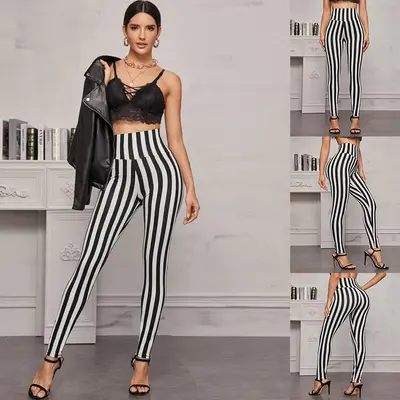 Gestreifte High-Waist-7/8-Leggings, elastische Sport-Yogahose