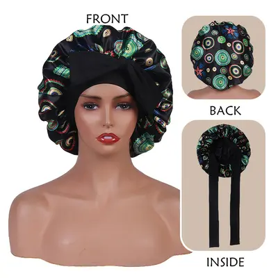 Printed Elastic Satin Bonnet with Bow, Double-Layer Reversible - 8