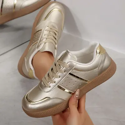 Damen-Sneaker mit niedrigem Schaft, Goldfarbe, dicke Sohle, große Größen - 2