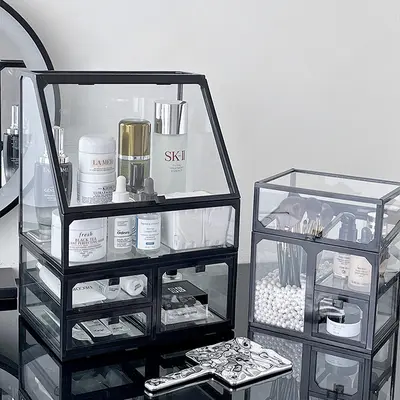Schminktisch-Kosmetikorganizer mit Glaspaneel, groß und staubdicht