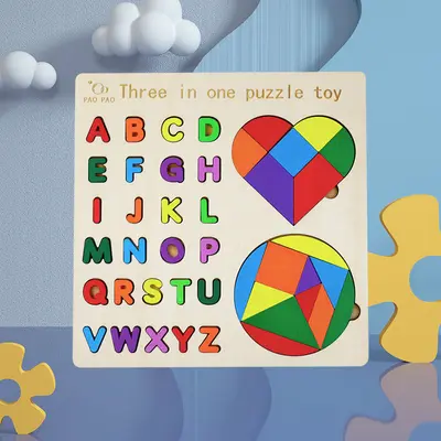 Wooden Educational Puzzle for Kids, Geometric Shapes, Numbers and Letters - 9