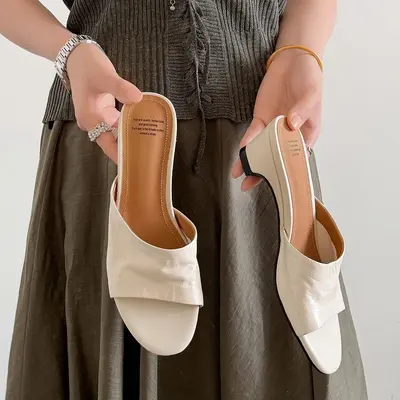 Women's Mid-Heel Fish-Mouth Mules, Chunky Heel, Single-Strap, Casual - 8