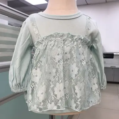 25 Spring Style Girls' Cute and Sweet Round Neck Ready-Made Solid Color Lace Insert Autumn Children's Clothing Long Sleeve T-Shirt
