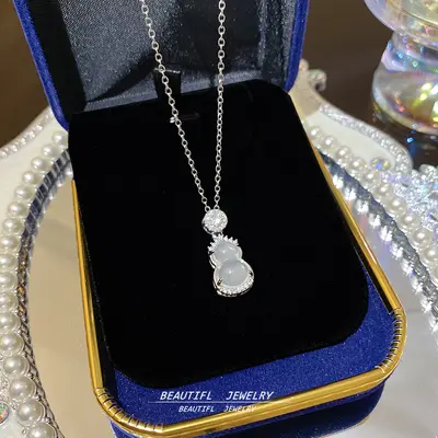 White chalcedony small gourd titanium necklace, Chinese style, collarbone chain - 11