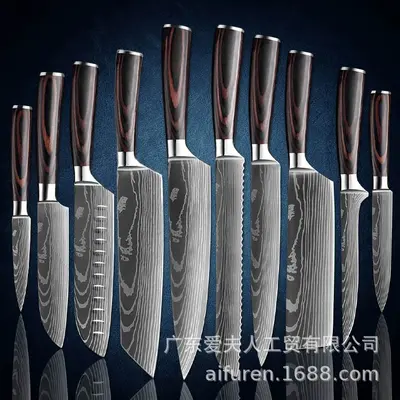 Damascus Pattern Stainless Steel Kitchen Knife Set with Chef and Santoku Knives