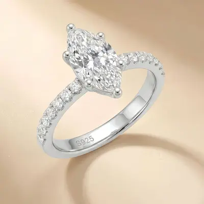 S925 Silver Moissanite Ring, Marquise Cut