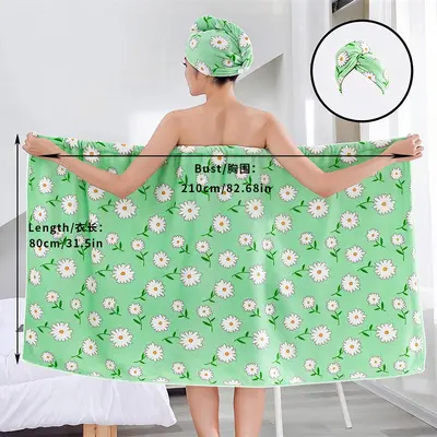Sınır Ötesi Baskılı Bandeau Elbisesi Banyo Şapkası Kadın Ev Kullanımı Yazlık Banyo Havlusu Yumuşak Banyo Robası Su Emici Saç Kurutma Şapkası İki Parçalı Set - 10