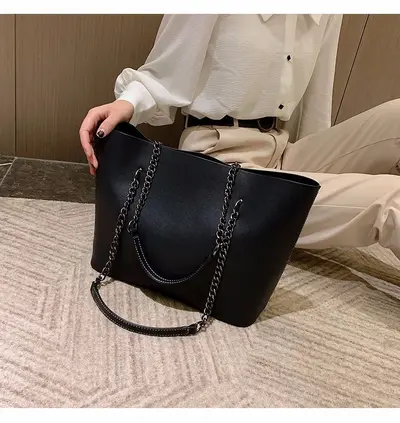 Soft Leather Large-Capacity Women's Tote Bag with Chain Shoulder Strap - 6