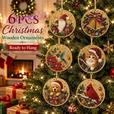 Round Wooden Christmas Diamond Painting Hanging Ornament Set, 6 Pieces