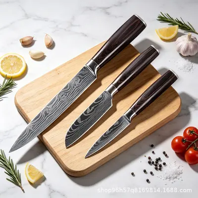 Şam deseni bıçak seti, renkli ahşap sap, şef, santoku