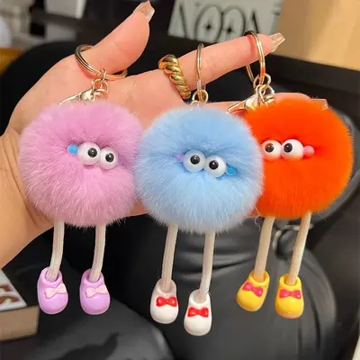 Long-legged imitation Rex rabbit plush keychain, small charcoal ball pendant - 4