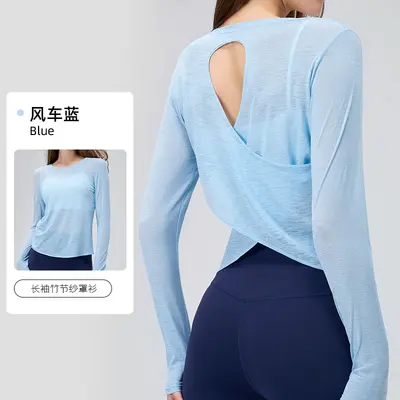 Women's Bamboo Yoga Top, Long Sleeve, Open Back, Breathable - 9