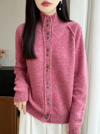 Women's Thickened 100% Pure Wool Knitted Cardigan, New Autumn/Winter Style, Seven-Needle Double-Strand Stand Collar Open-Front Long Sleeve Patterned Yarn Outerwear Sweater
