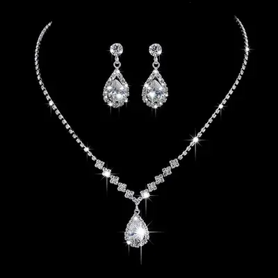 Diamond Necklace and Earring Set Silver Collarbone Chain - 7
