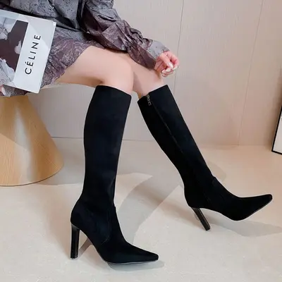 Women's Square Toe Chunky Heel Suede-Look Stretch Long Boots - 4