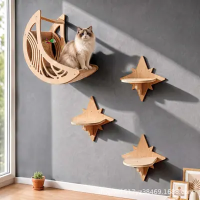 Wooden Cat Wall Shelf with Star and Moon Hammock Climbing Set