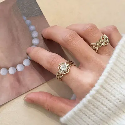 Vintage Coffee Gold Zirconia Flower Open Ring