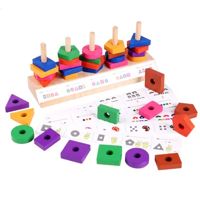 Çocuk Eğitici Geometrik Ahşap Blok Seti Renk ve Şekil Tanıma Oyuncağı - 5